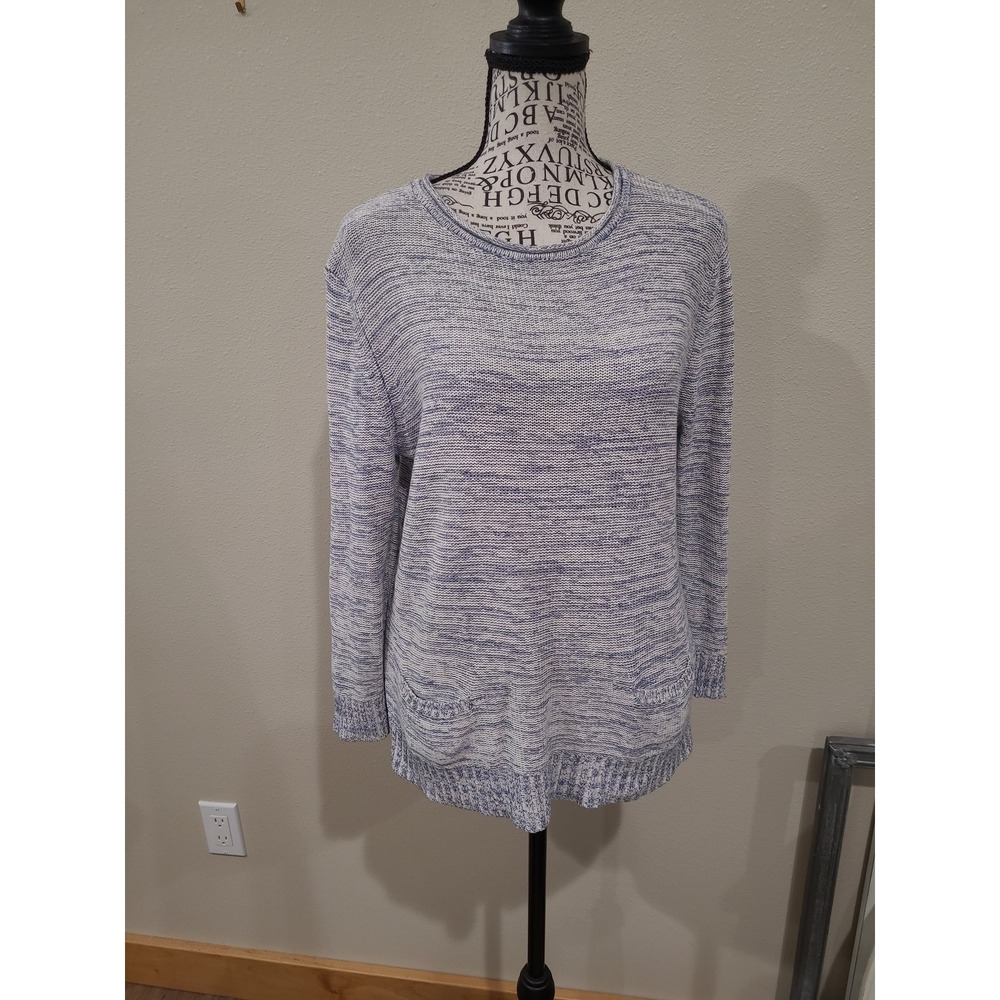 Chaps Linen Blend Blue Cream marled knit sweater women SZ M coastal nautical